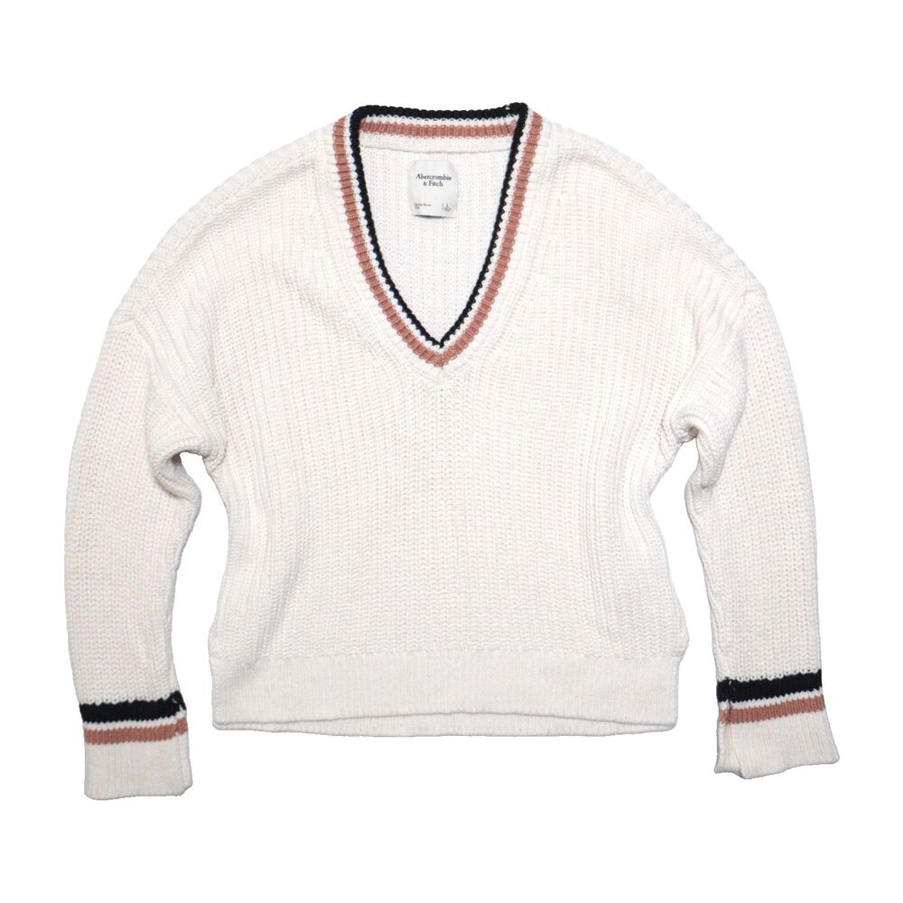 Abercrombie & Fitch Sweater Womens Large Cream Cable Knit V-Neck Cotton Preppy